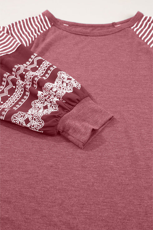 Contrast Print Striped Raglan Crew Neck Loose Long Sleeve Top